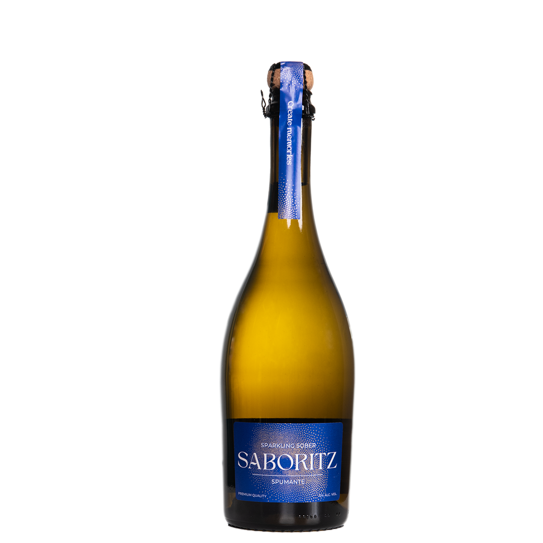 Saboritz alcohol free sparkling wine bottle on a white background