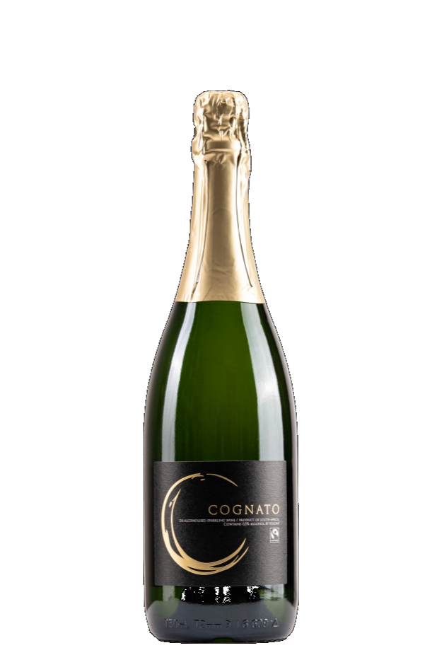 Bottle of Cognato alcohol free sparkling wine on a black background