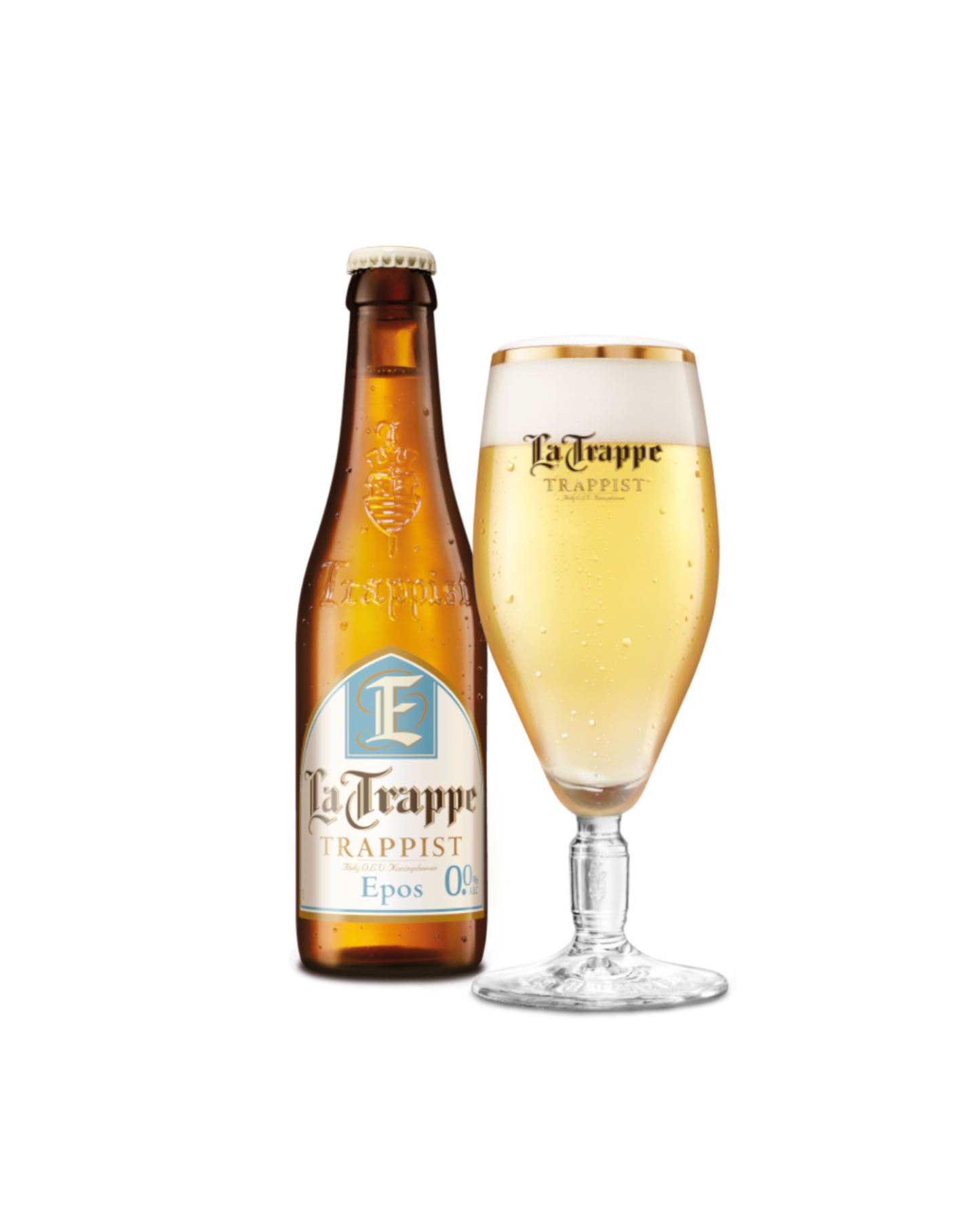 La Trappe Epos 0.0% blond Trappist beer with a filled glass