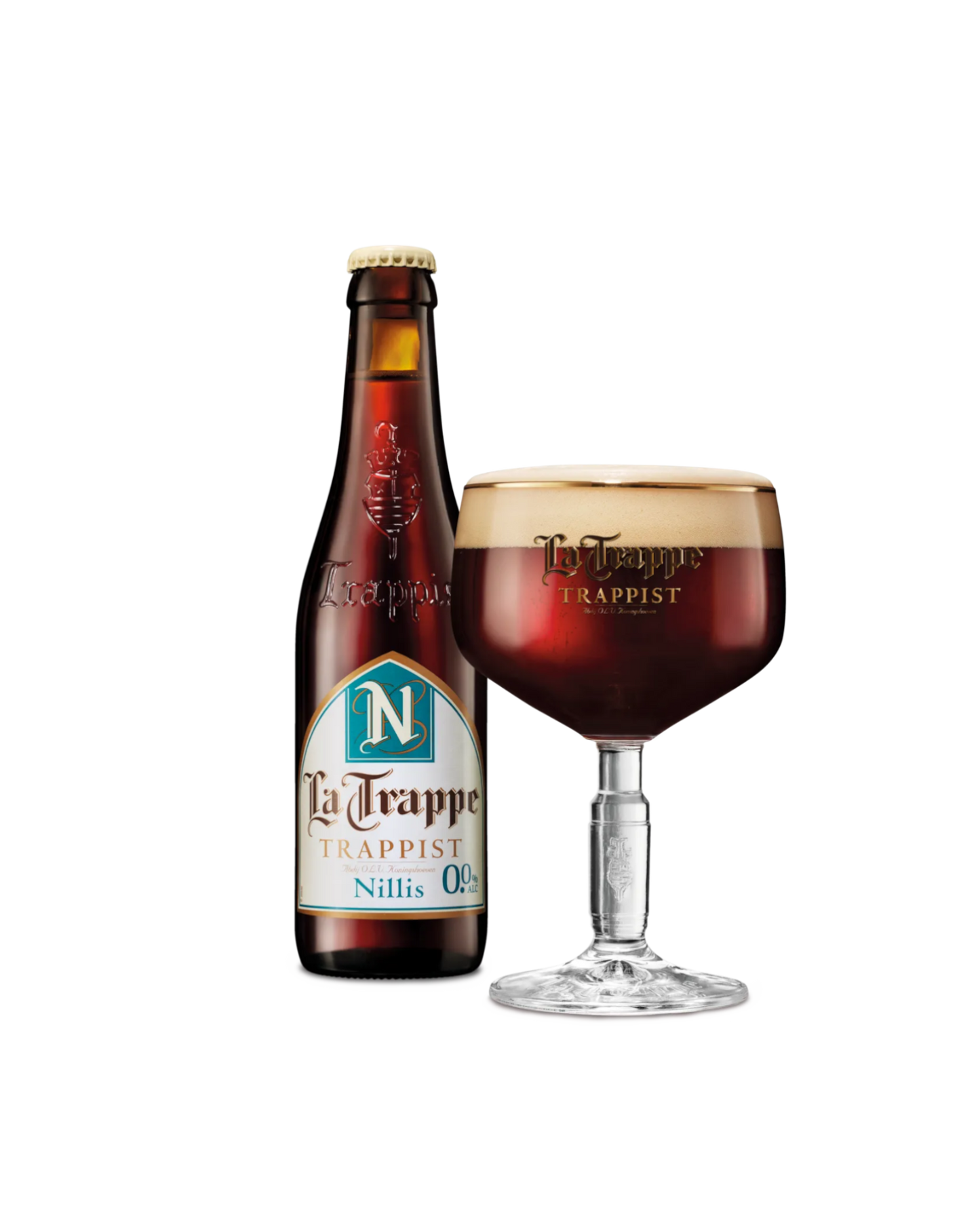 La Trappe Nillis 0.0% dark amber Trappist beer with a filled glass