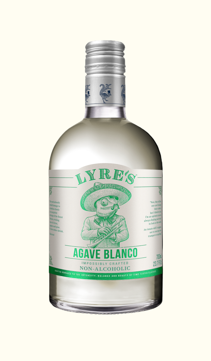 Lyre's Agave Blanco non alcoholic tequila bottle on a white background