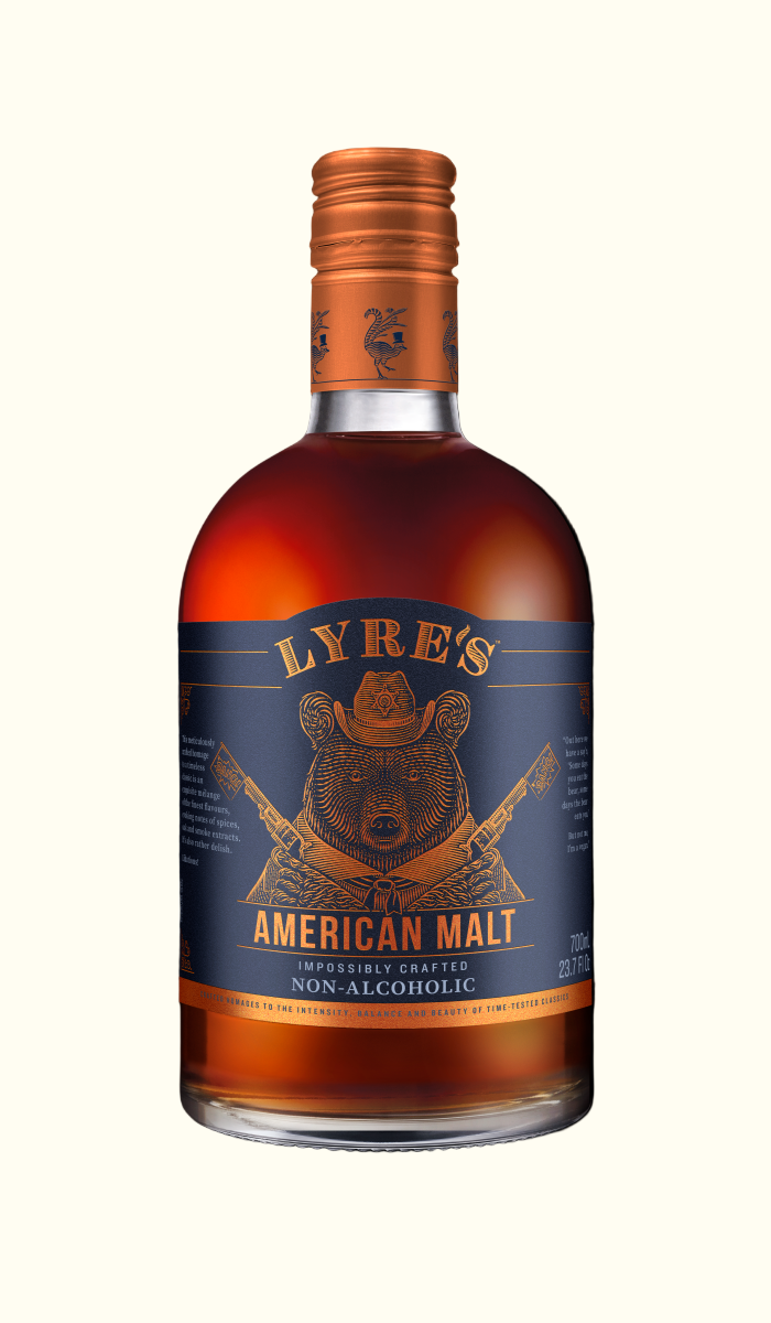 Lyre's American Malt non alcoholic Bourbon Whisky bottle on a white background