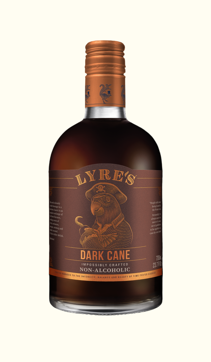 Lyre's Dark Cane non alcoholic rum bottle on a white background