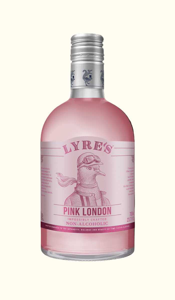 Lyre's Pink London non alcoholic pink gin bottle on a white background