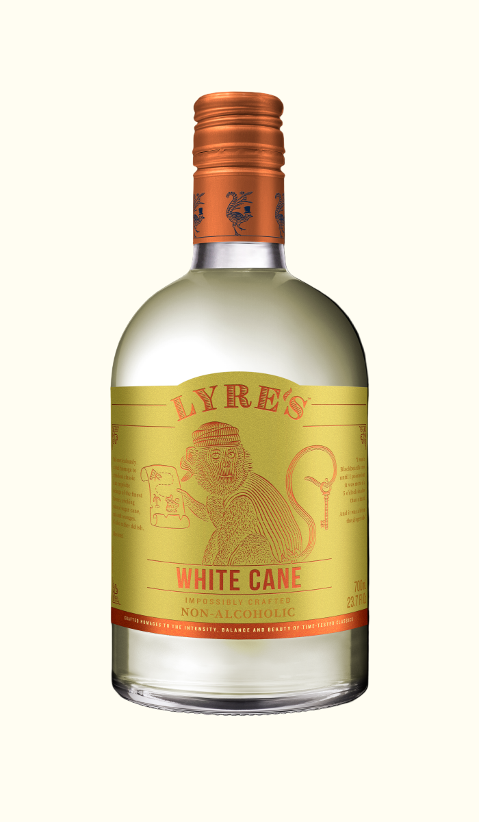 Lyre's White Cane non alcoholic white rum bottle on a white background
