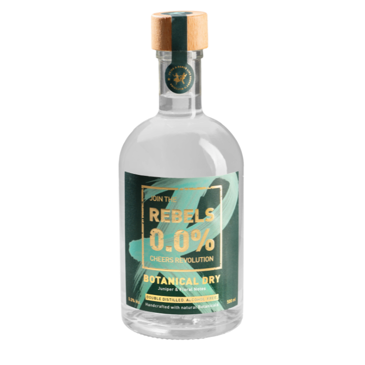 Rebels 0.0% Botanical Dry non alcoholic gin bottle on a white background