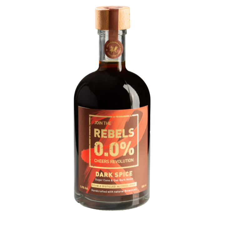 Rebels 0.0% Dark Spice non alcoholic rum bottle on a white background