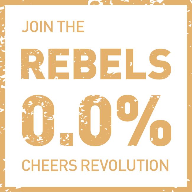 Gold text on a white background with 'JOIN THE REBELS 0.0% CHEERS REVOLUTION' logo