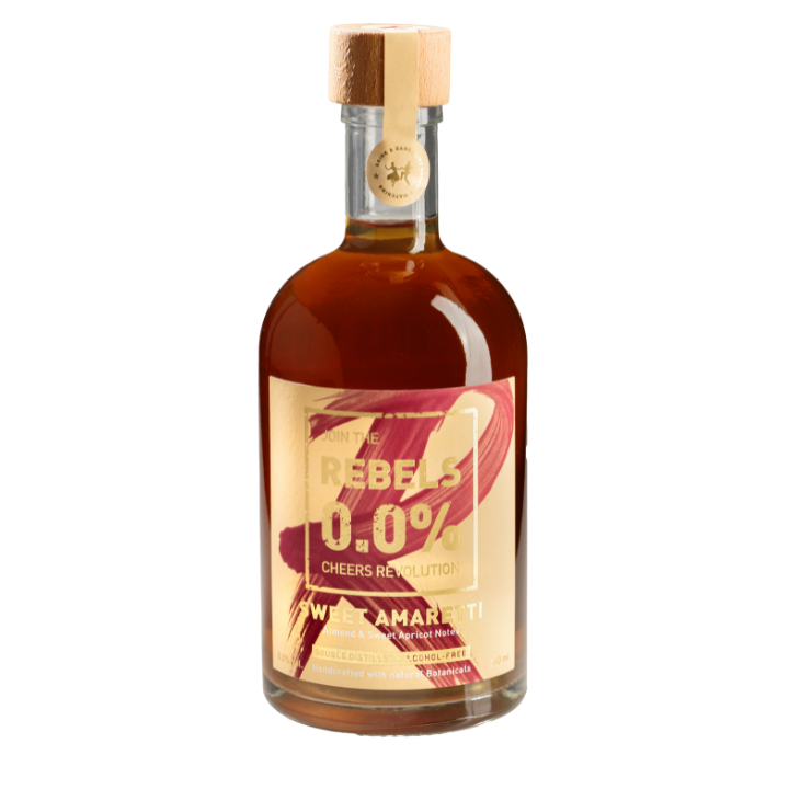 Rebels 0.0% Sweet Amaretti non alcoholic amaretto bottle on a white background